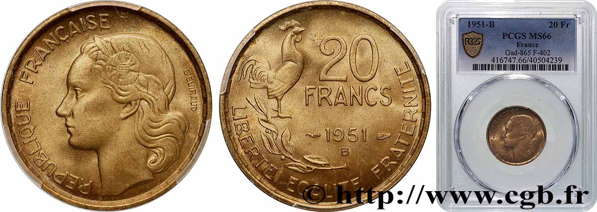 20 francs G. Guiraud 1951 Beaumont-Le-Roger F.402/8 MS66 PCGS