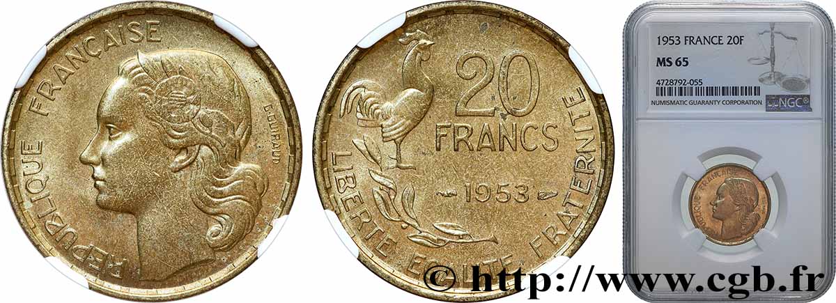 20 francs G. Guiraud 1953  F.402/11 MS65 NGC