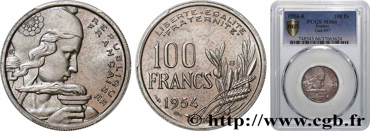 100 francs Cochet 1954 Beaumont-Le-Roger F.450/3 MS66 PCGS