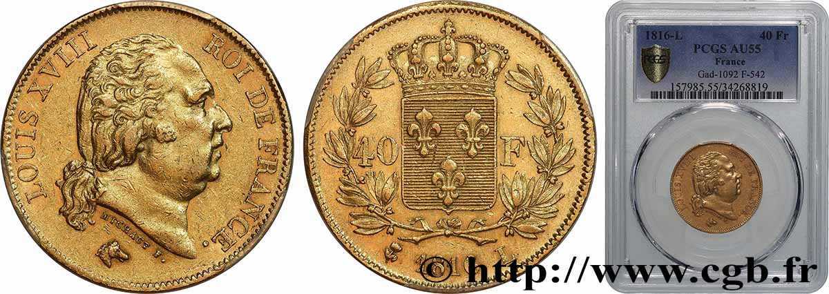 40 francs or Louis XVIII 1816 Bayonne F.542/3 AU55 PCGS