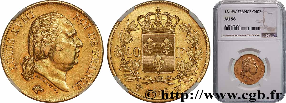 40 francs or Louis XVIII 1816 Lille F.542/5 SUP58 NGC
