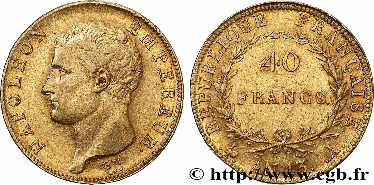 40 francs or Napoléon tête nue, Calendrier révolutionnaire 1805 Paris F.537/1 TTB+ 