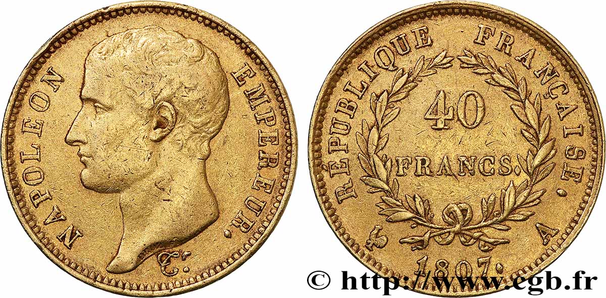 40 francs or Napoléon tête nue, type transitoire 1807 Paris F.539/1 TTB 