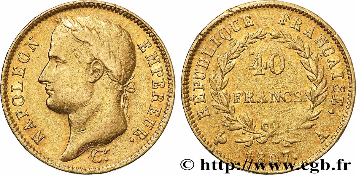 40 francs Napoléon Ier tête laurée, République française 1807 Paris F.540/1 TB+ 