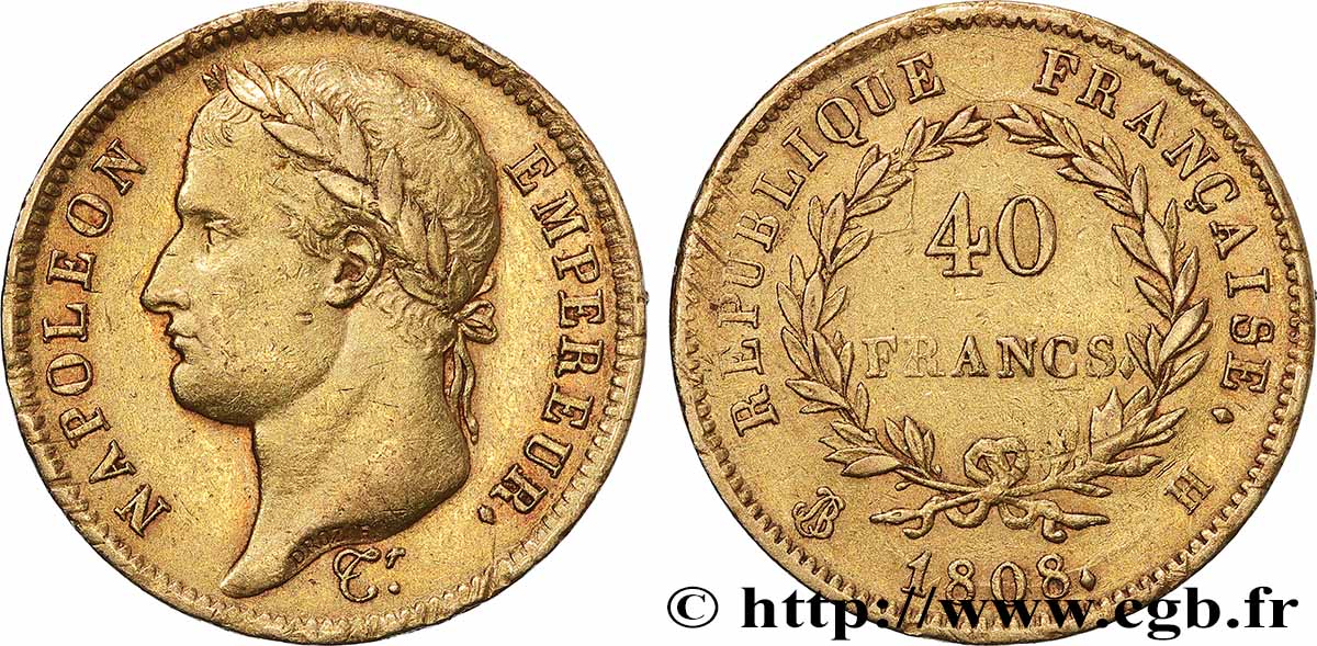 40 francs or Napoléon tête laurée, République française 1808 La Rochelle F.540/3 TTB 