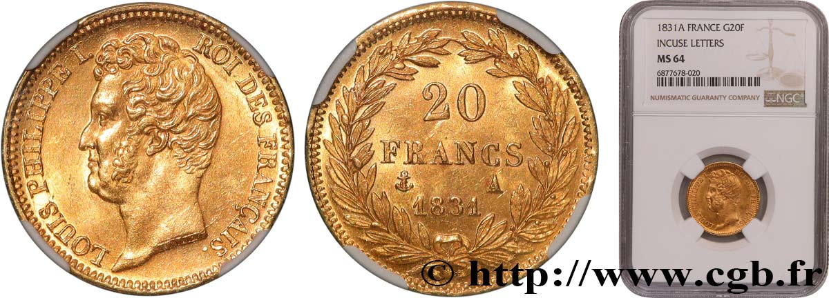 20 francs or Louis-Philippe, Tiolier, tranche inscrite en creux 1831 Paris F.524/2 MS64 NGC