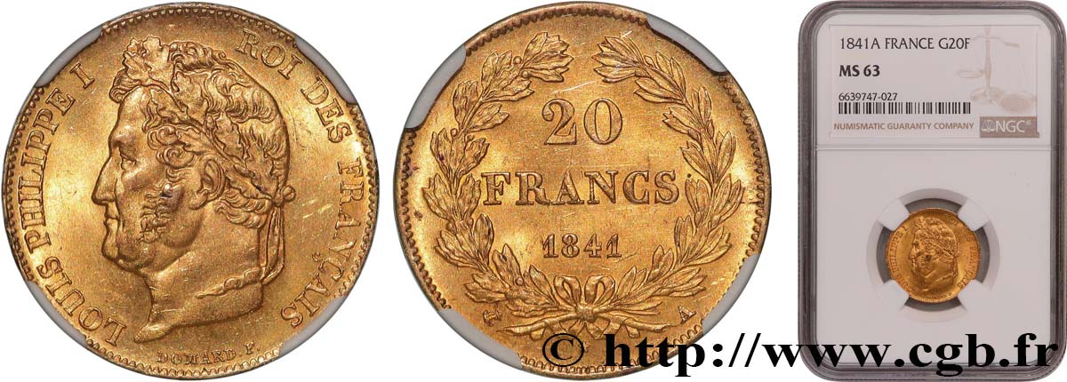 20 francs or Louis-Philippe, Domard 1841 Paris F.527/25 SPL63 NGC