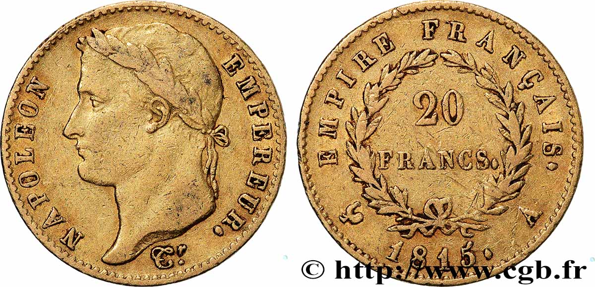 20 francs or Napoléon, tête laurée, Empire français 1815 Paris F.516A/1 q.BB 