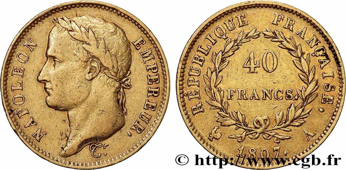 40 francs Napoléon Ier tête laurée, République française 1807 Paris F.540/1 TB+ 