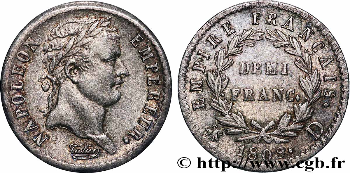 Demi-franc Napoléon Ier tête laurée, Empire français 1809 Lyon F.178/3 TTB 