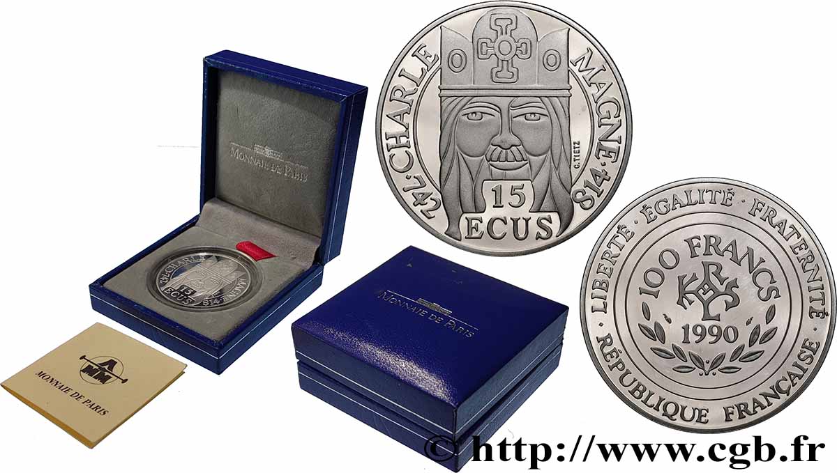 Belle Épreuve 15 écus / 100 francs Charlemagne 1990 Paris F5.2000 1 MS 