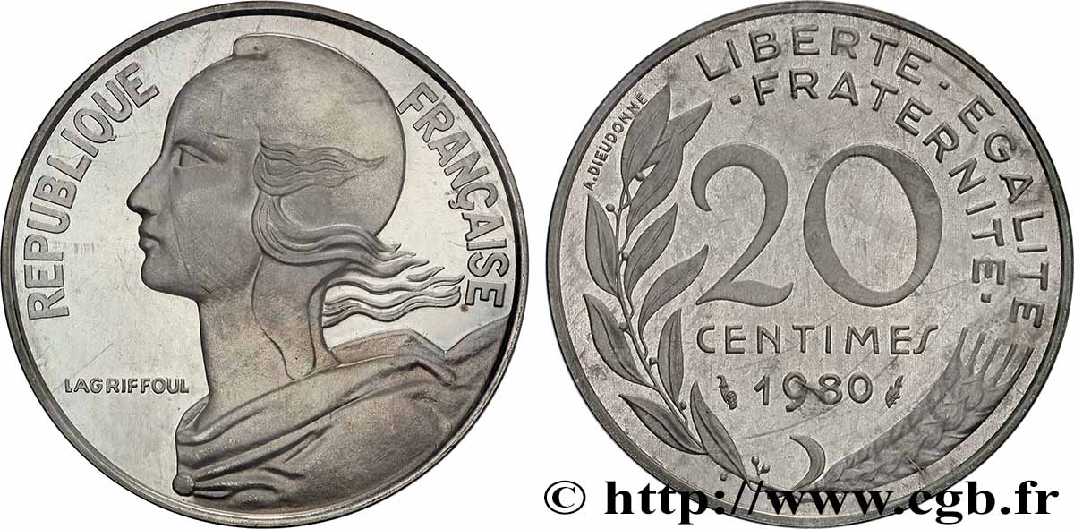 Piéfort Argent de 20 centimes Marianne 1980 Pessac GEM.56 P2 MS 