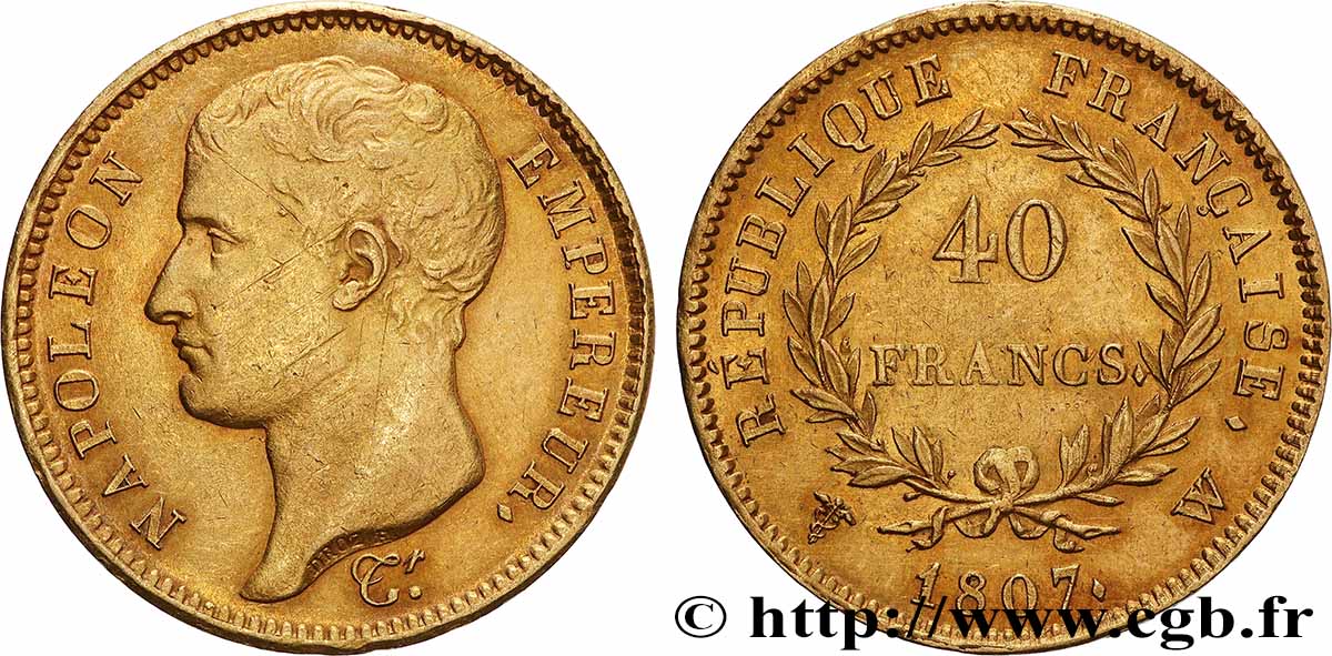 40 francs or Napoléon tête nue, type transitoire 1807 Lille F.539/5 TTB+ 