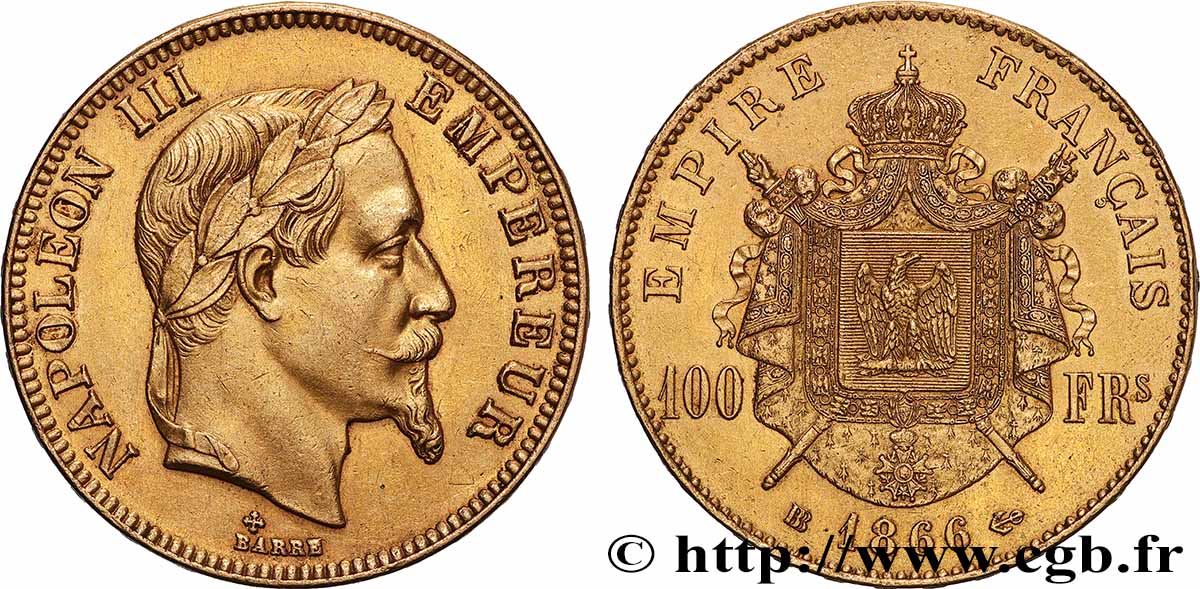 100 francs or Napoléon III, tête laurée 1866 Strasbourg F.551/7 AU 