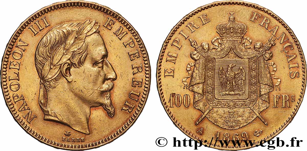 100 francs or Napoléon III, tête laurée 1869 Paris F.551/12 AU 