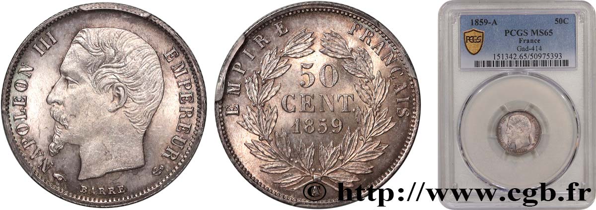50 centimes Napoléon III, tête nue 1859 Paris F.187/10 MS65 PCGS