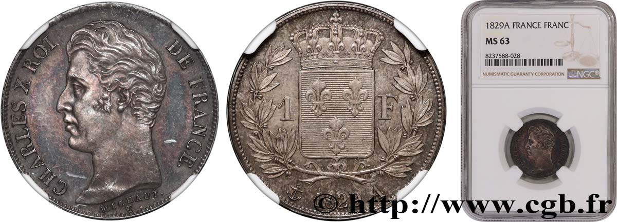 1 franc Charles X, matrice du revers à quatre feuilles 1829 Paris F.207A/12 MS63 NGC
