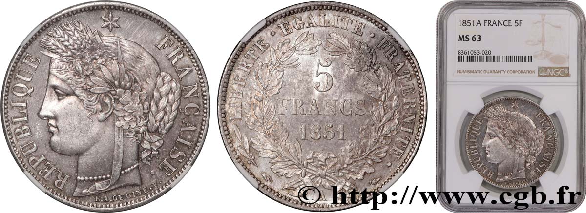 5 francs Cérès, IIe République 1851 Paris F.327/7 MS63 NGC