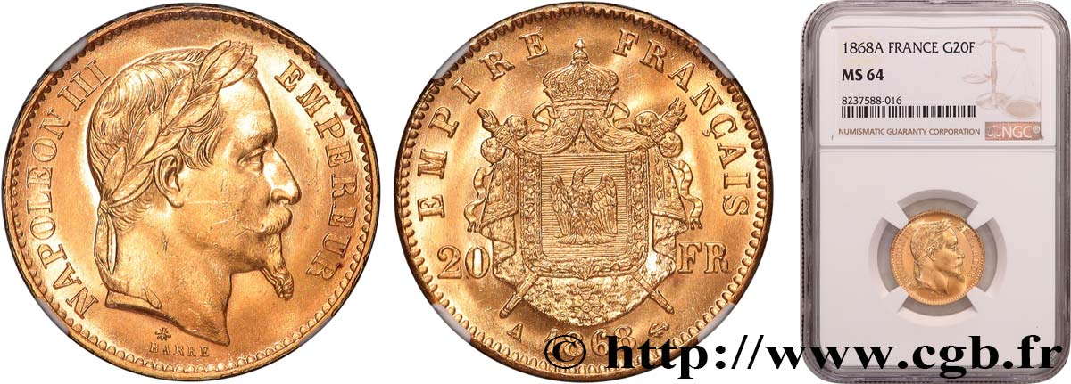 20 francs or Napoléon III, tête laurée 1868 Paris F.532/18 SPL64 NGC