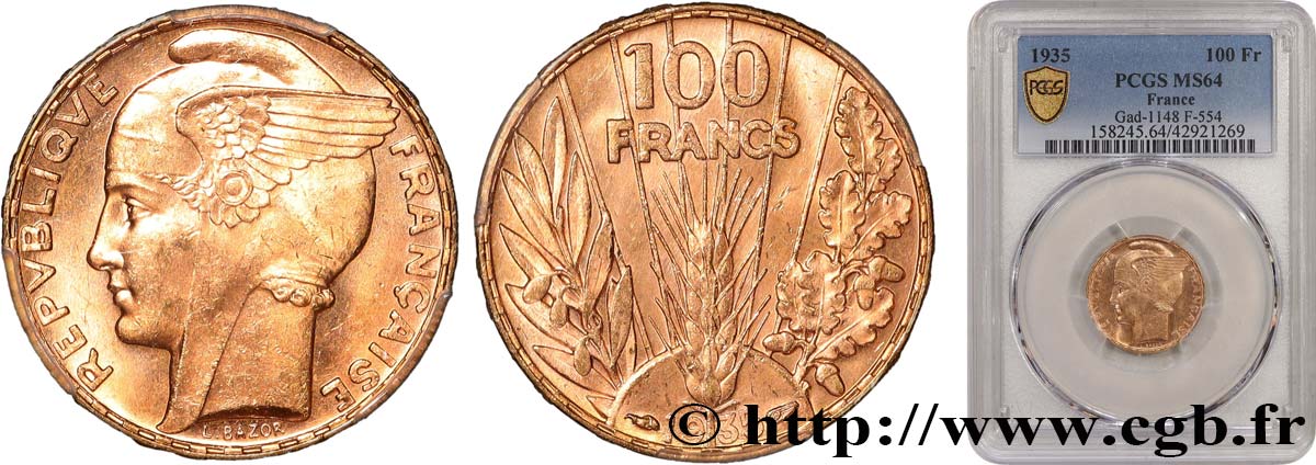 100 francs or, Bazor 1935 Paris F.554/6 SPL64 PCGS
