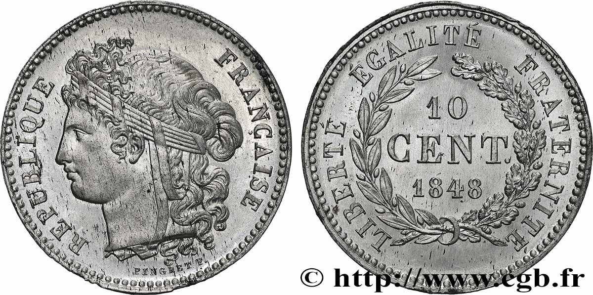Concours de 10 centimes, essai en étain par Pingret 1848 Paris VG.3151 var. MS 