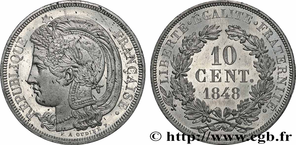 Concours de 10 centimes, essai en étain par Oudiné 1848 Paris VG.3149 var. de métal MS 