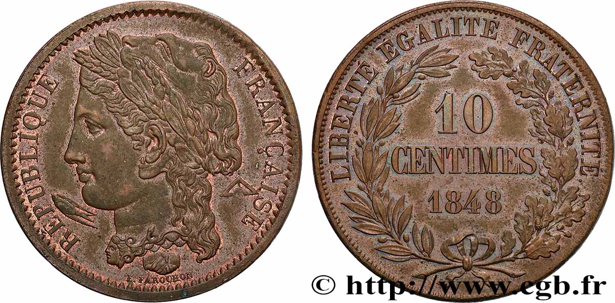 Concours de 10 centimes, essai en cuivre par Farochon, premier revers 1848 Paris VG.3139 var. MS 
