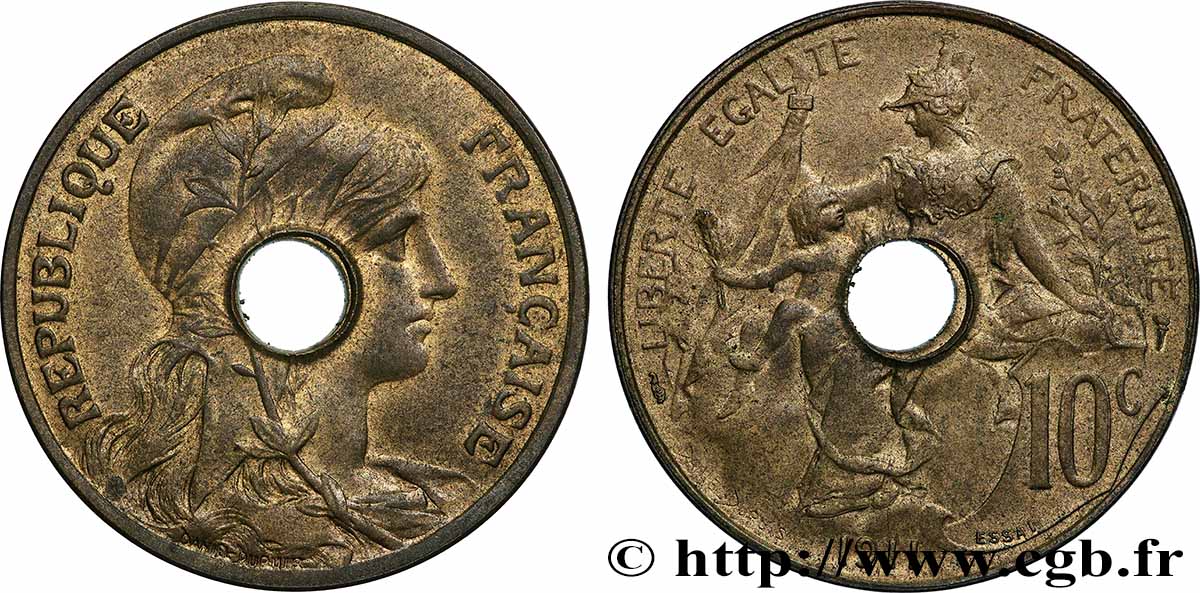 Essai perforé de 10 centimes Daniel-Dupuis, en Laiton 1911  GEM.34 14 MS/MS 
