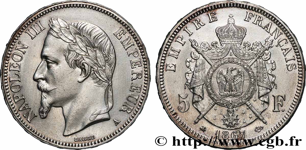 5 francs Napoléon III, tête laurée 1867 Paris F.331/10 AU 