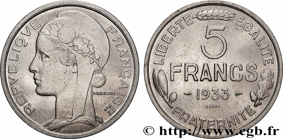Concours de 5 francs, essai de Morlon en nickel 1933 Paris GEM.138 1 MS 