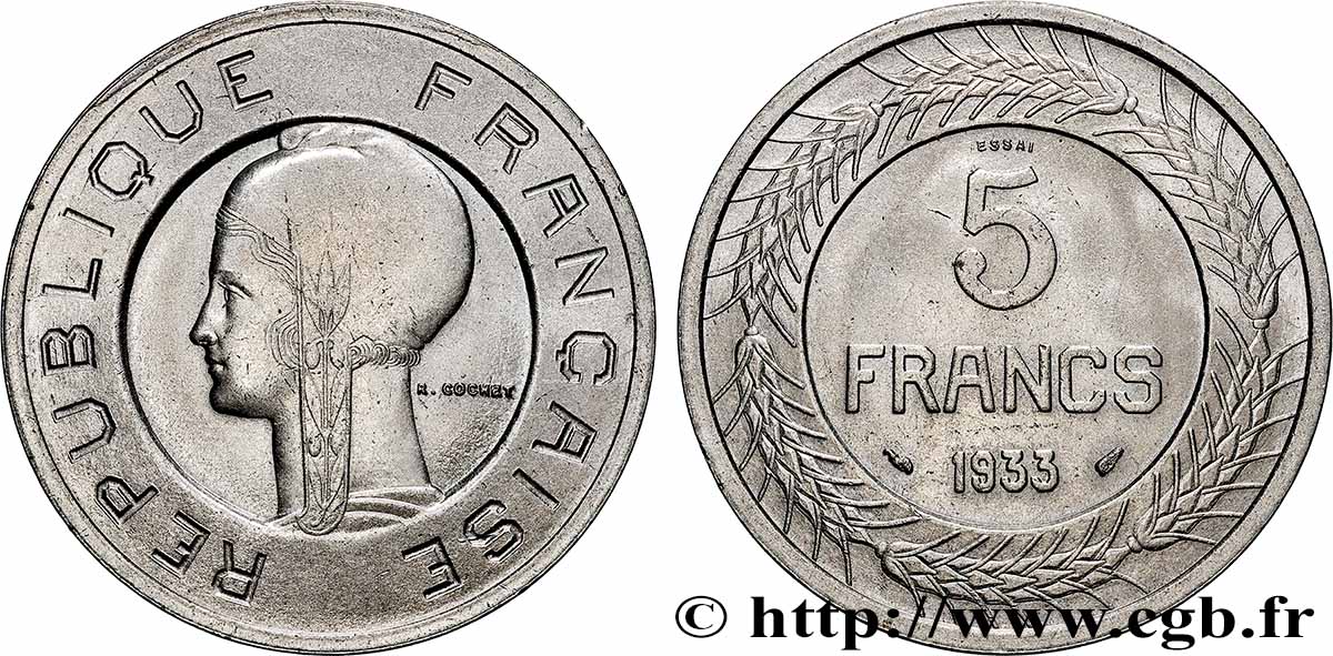 Concours de 5 francs, essai de Cochet en nickel 1933 Paris GEM.135 1 MS 
