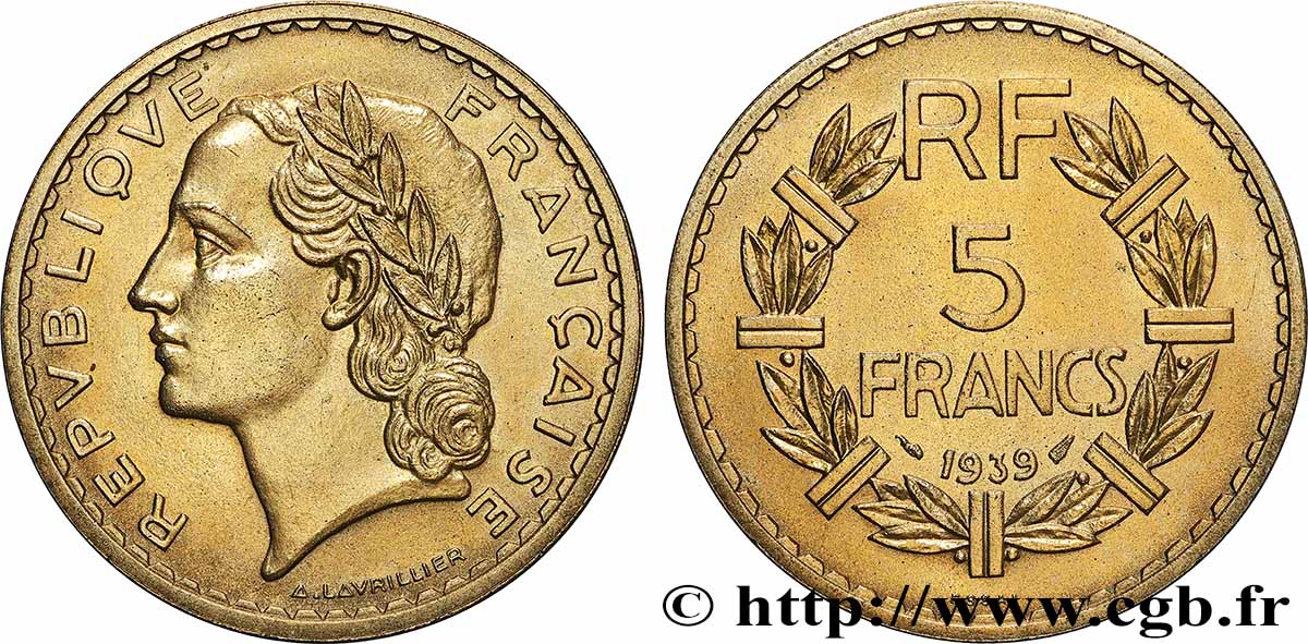 Essai de 5 francs Lavrillier, bronze-aluminium 1939 Paris F.337/2 SPL 