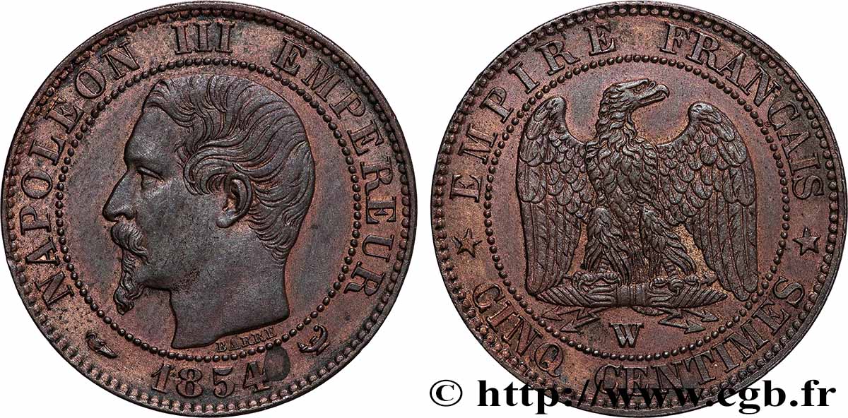 Cinq centimes Napoléon III, tête nue 1854 Lille F.116/15 SUP+ 