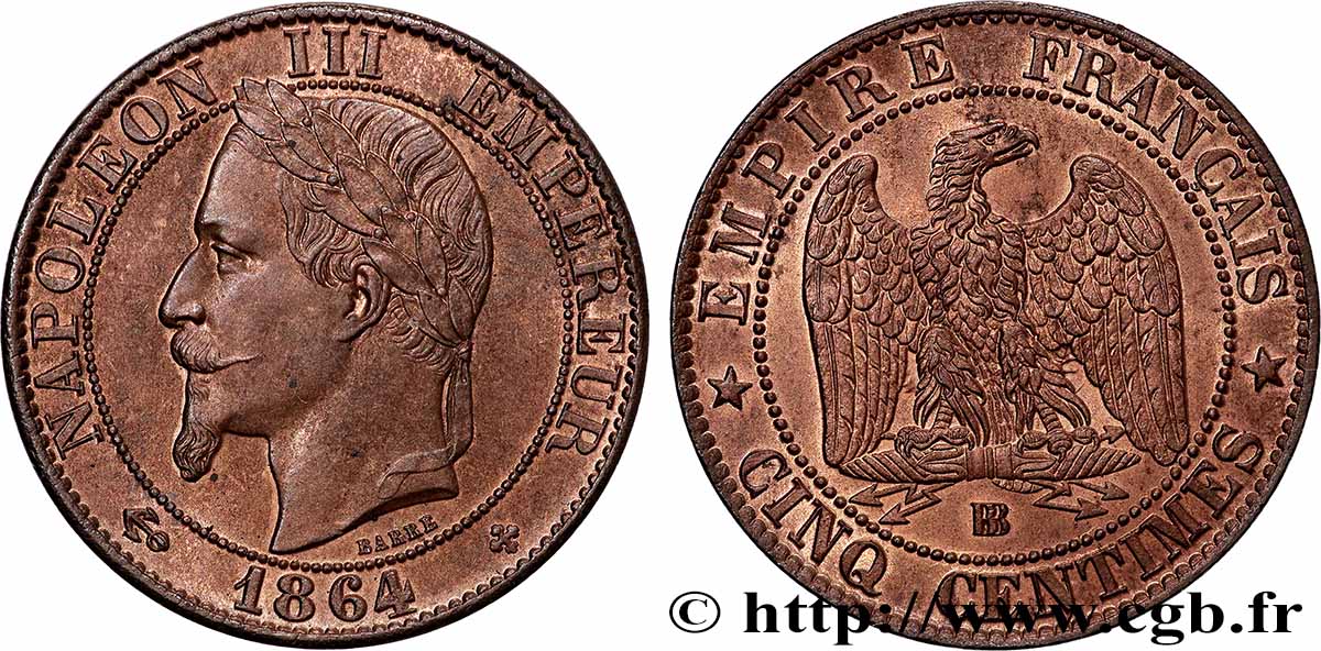 Cinq centimes Napoléon III, tête laurée 1864 Strasbourg F.117/14 MS63 