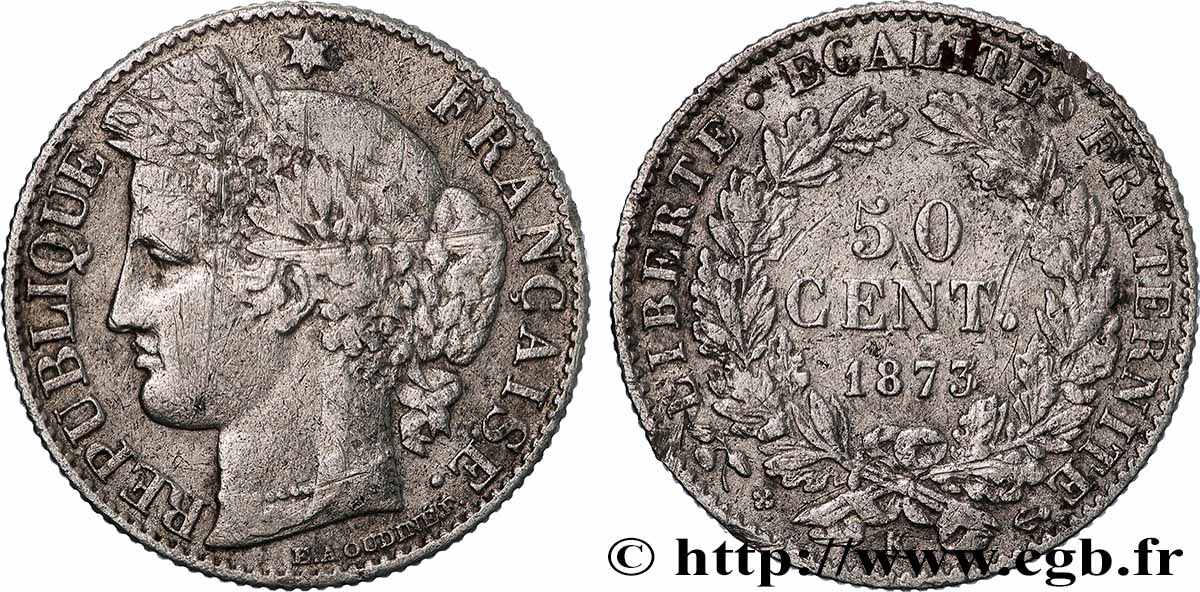 50 centimes Cérès, IIIe République 1873 Bordeaux F.189/6 VF 