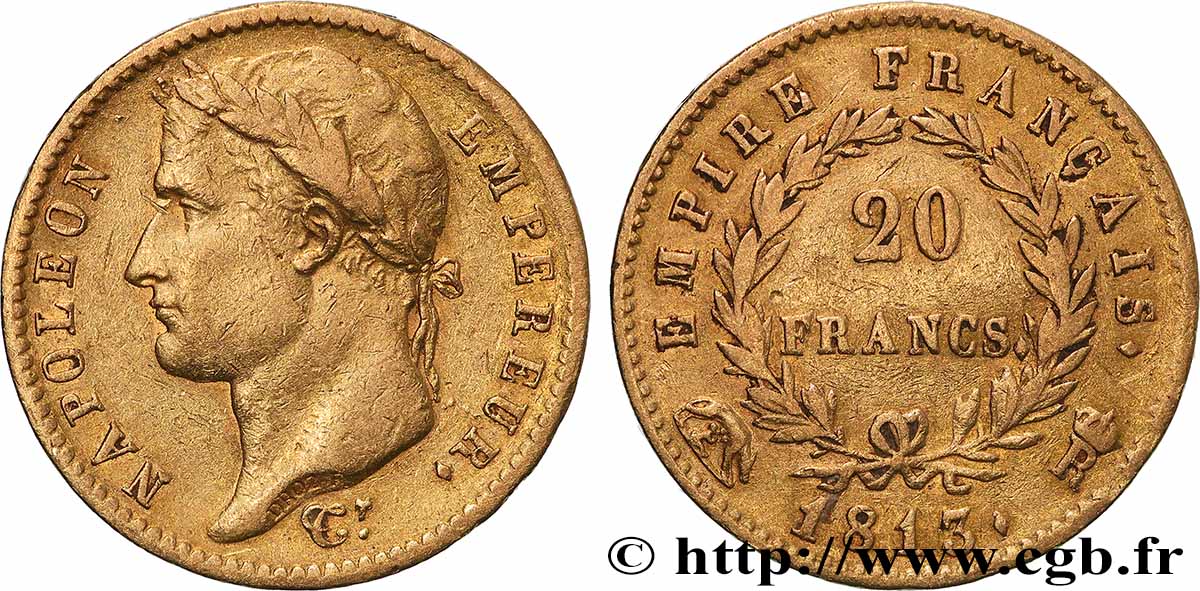 20 francs or Napoléon, tête laurée, Empire français 1813 Rome F.516/35 VF 