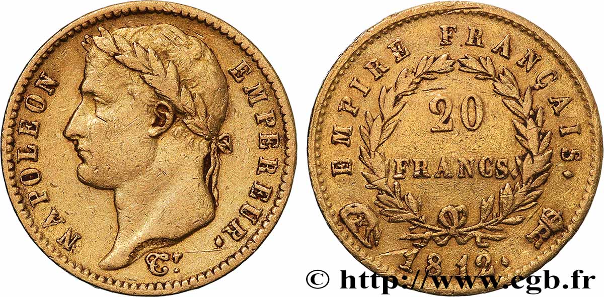 20 francs or Napoléon tête laurée, Empire français 1812 Rome F.516/27 XF 