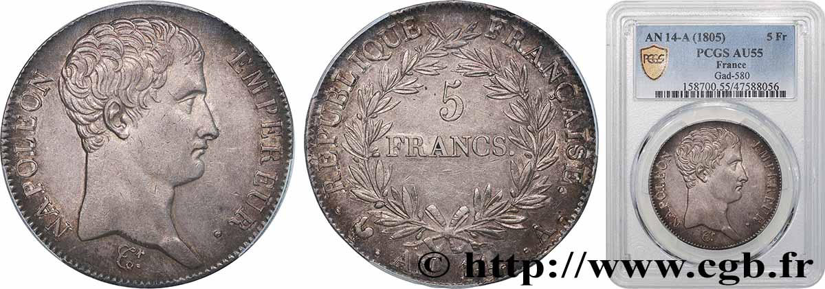5 francs Napoléon Empereur, Calendrier révolutionnaire 1805 Paris F.303/19 AU55 PCGS