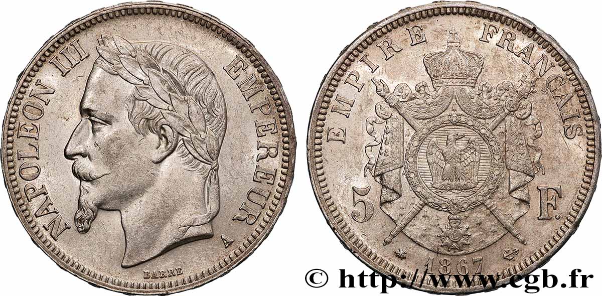 5 francs Napoléon III, tête laurée 1867 Paris F.331/10 MS61 