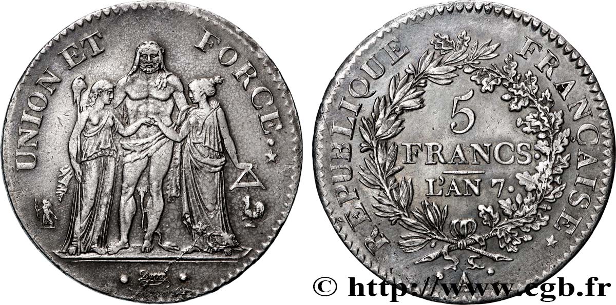 5 francs Union et Force, Union serré, avec glands intérieurs et gland extérieur 1799 Paris F.288/95 AU 