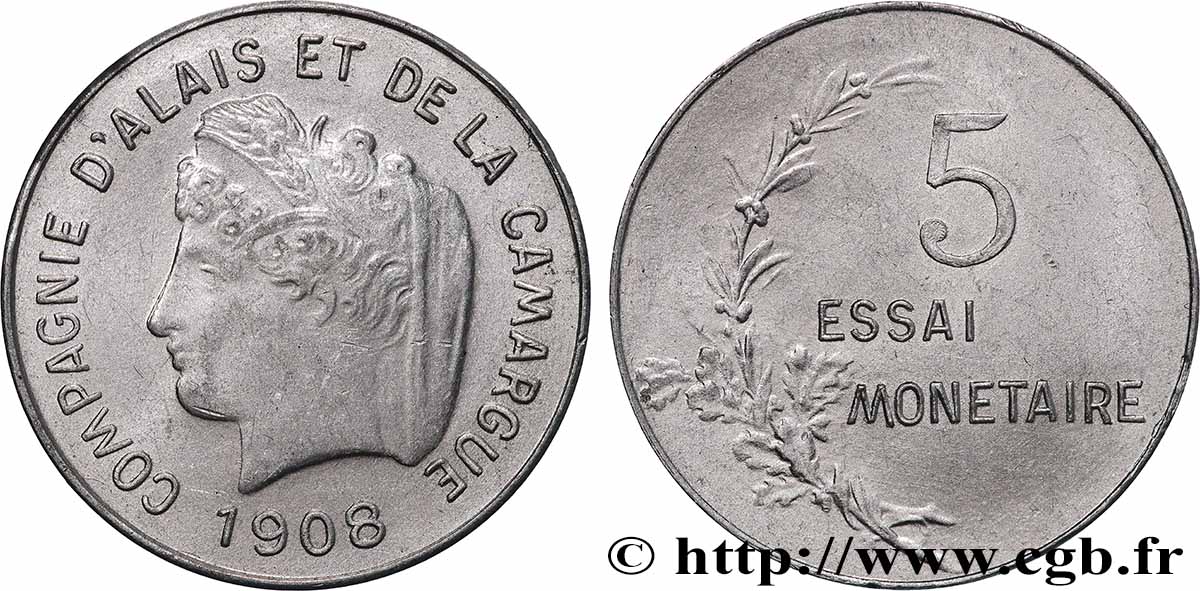 Essai en aluminium de 5 centimes, Compagnie d’Alais et de la Camargue 1908  GEM.268 1 AU 