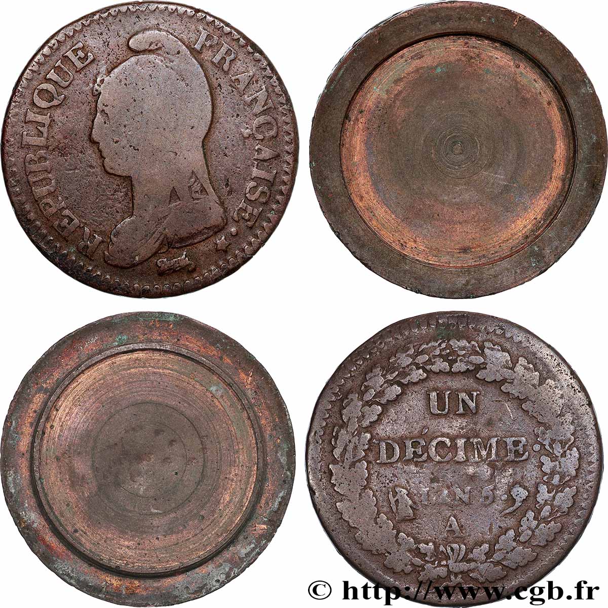 Un décime Dupré, grand module, transformé en boîte de forçat 1797 Paris F.129/1 var. VF 