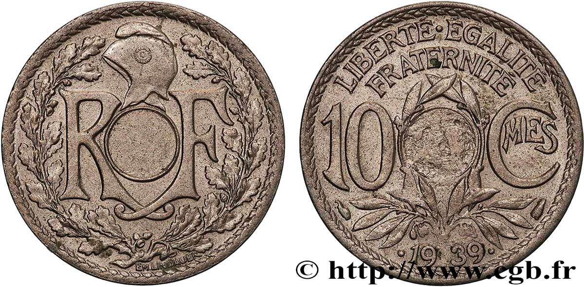 10 centimes Lindauer, maillechort, non perforé 1939  F.139/3 var. XF/AU 
