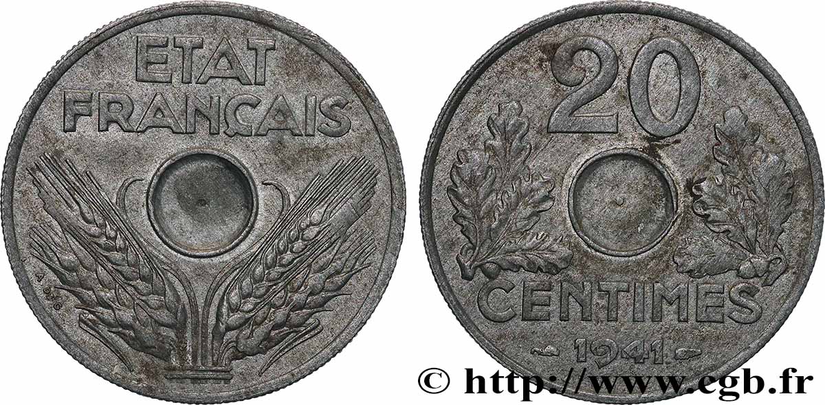 20 centimes, État français, non perforé 1941  F.153/2 var. AU 