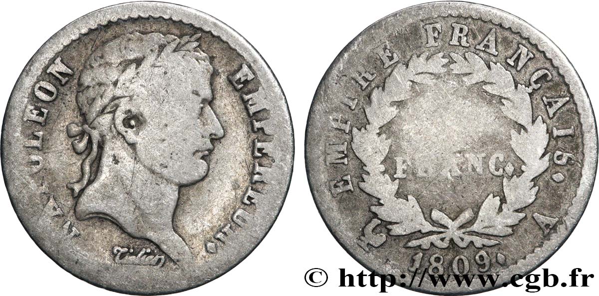 Demi-franc Napoléon Ier tête laurée, Empire français 1809 Paris F.178/1 q.MB 