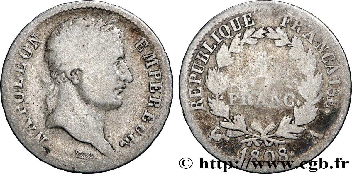 1 franc Napoléon Ier tête laurée, République française 1808 Paris F.204/2 B+ 