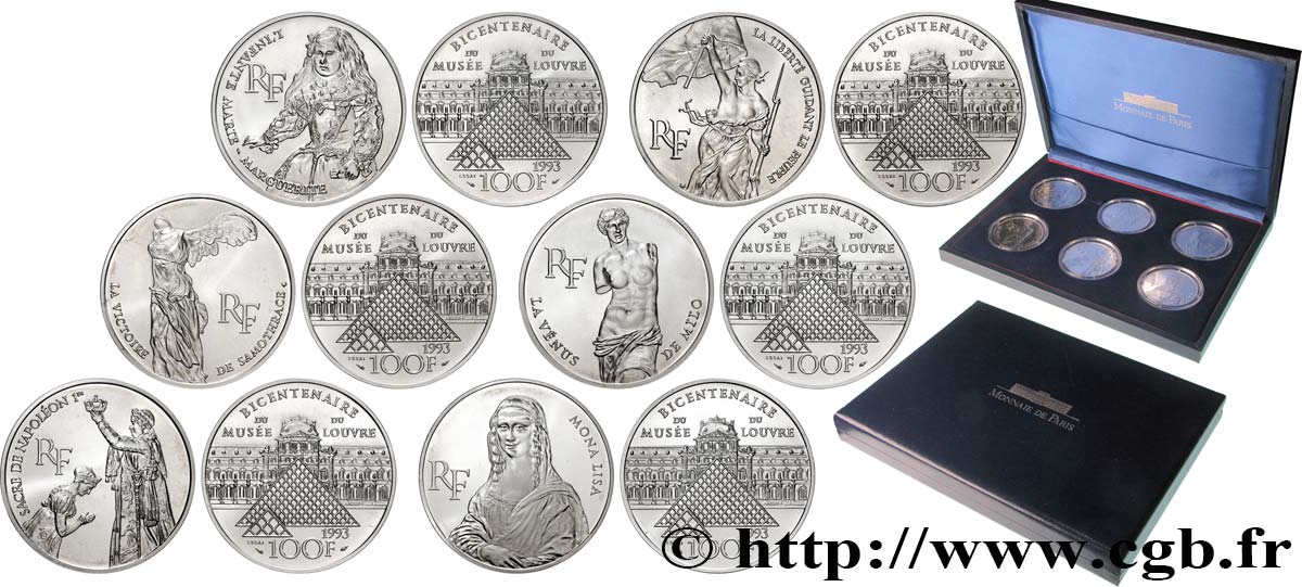 Coffret de six essais Brillant Universel 100 francs - Bicentenaire du Musée du Louvre 1993 Pessac F5.1621 1622 1623 1624 1625 1626 E FDC 