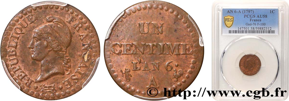 Un centime Dupré, grand 6 1798 Paris F.100/4 AU58 PCGS