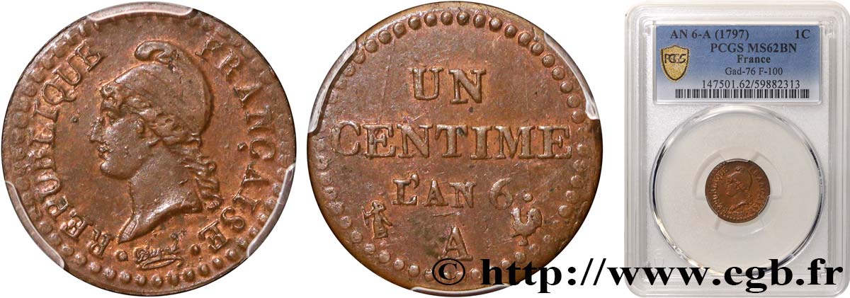 Un centime Dupré, grand 6 1798 Paris F.100/4 MS62 PCGS