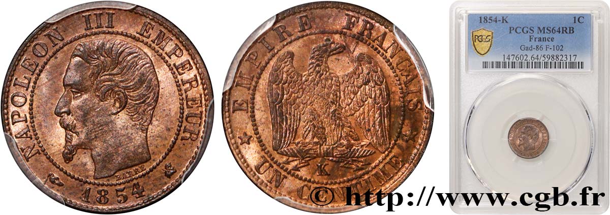 Un centime Napoléon III, tête nue 1854 Bordeaux F.102/13 SPL64 PCGS